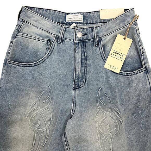 Wide-Leg Loose Fit Gaucho Jeans Shorts Sz 5 Retro 90s Skater Grunge Embossed - Picture 6 of 16